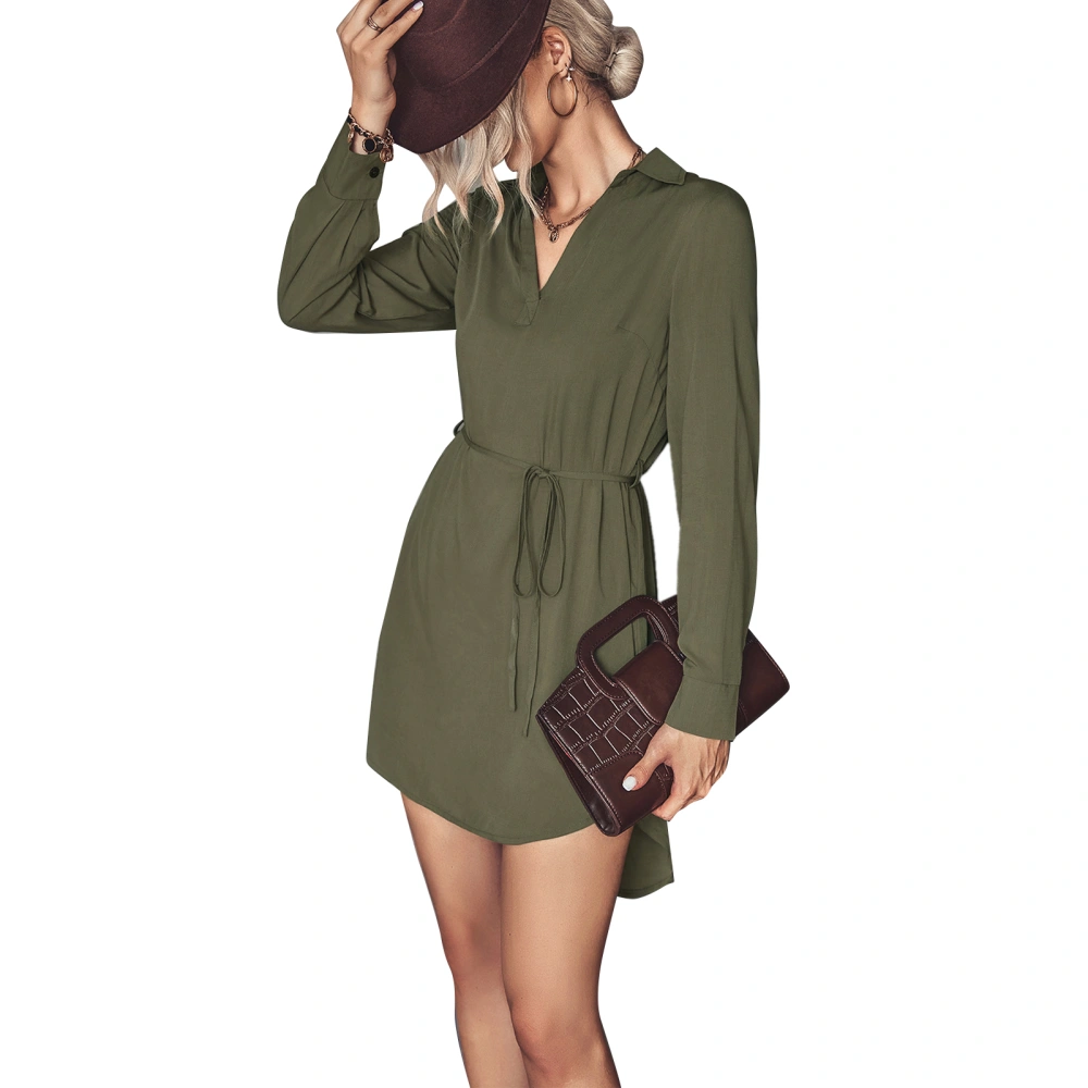 V Neck Long Sleeve Dress Women Casual Fashionable Pure Color Turn Down Collar Wrap Hem Belted Dress OD Green L