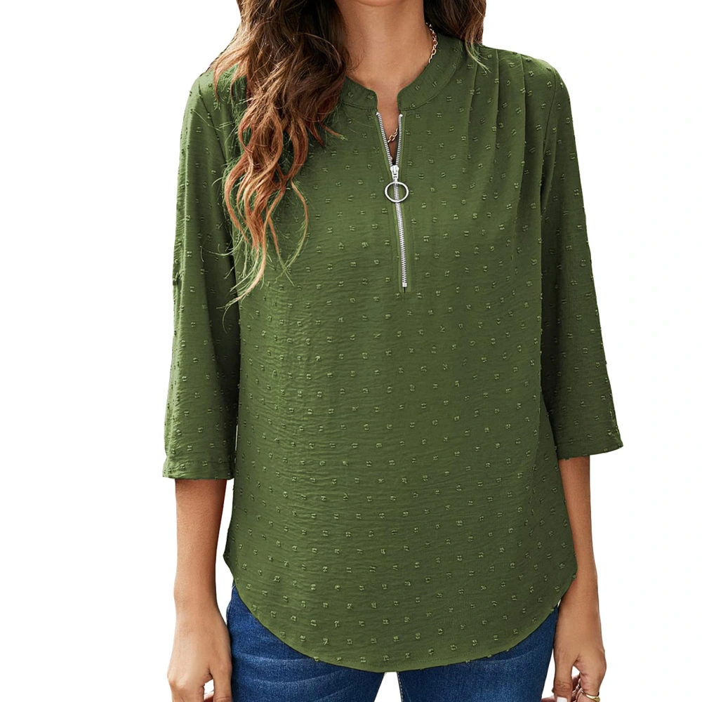 Blouse Zipper Ruffle Back Dot Print Three Quarter Sleeve Round Neck Fashionable Tops for Women Army Green M