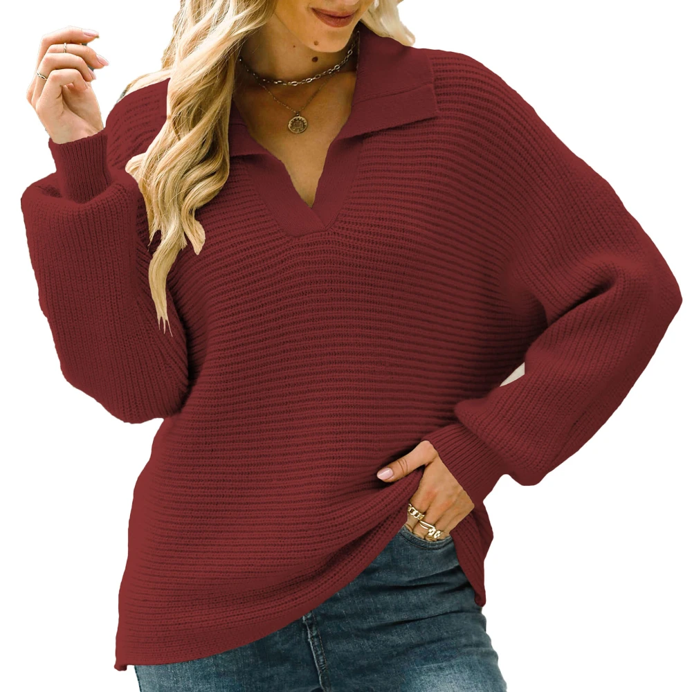 Women Lapel Knitted Sweater with Loose Hem Long Sleeve V Neck Pullover for Autumn and Winter Red S