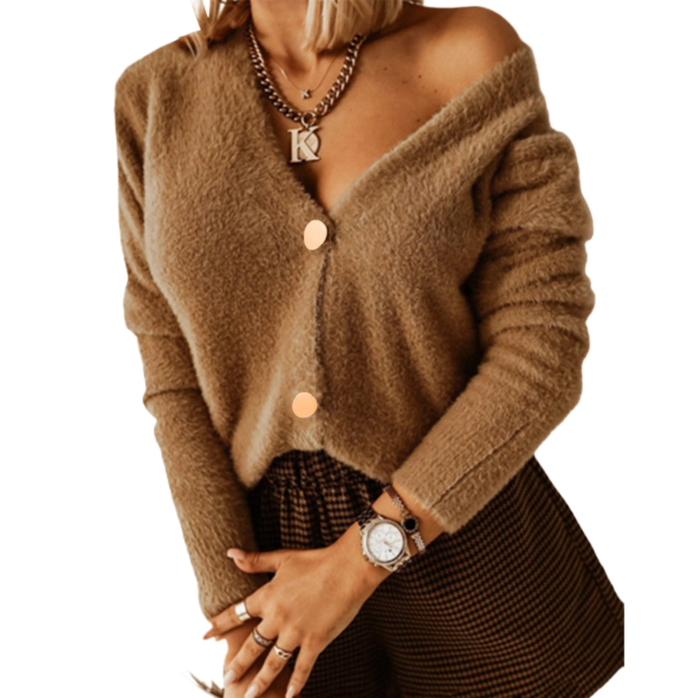 Women V Neck Casual Cardigan Long Sleeve Metal Single Breasted Sweater for Autumn and Winter Light Tan S