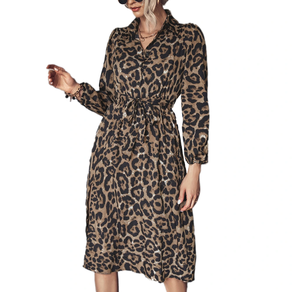 Dress Leopard Print Long Sleeve Side Split Lapel Waist Tie Fashionable Dress for Women Brown XL