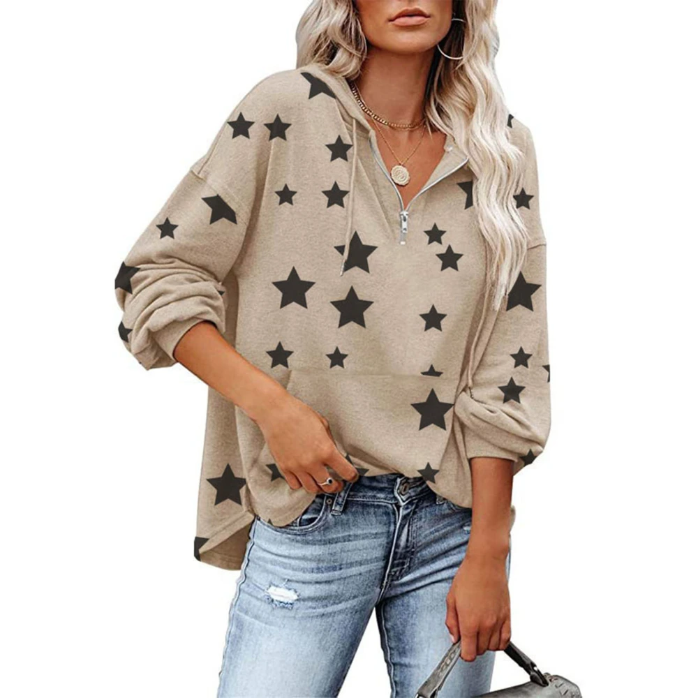 Woman Printed Drawstring Pullover Drop Shoulder Long Sleeve Pocket Zip Casual Sweatshirts Khaki M