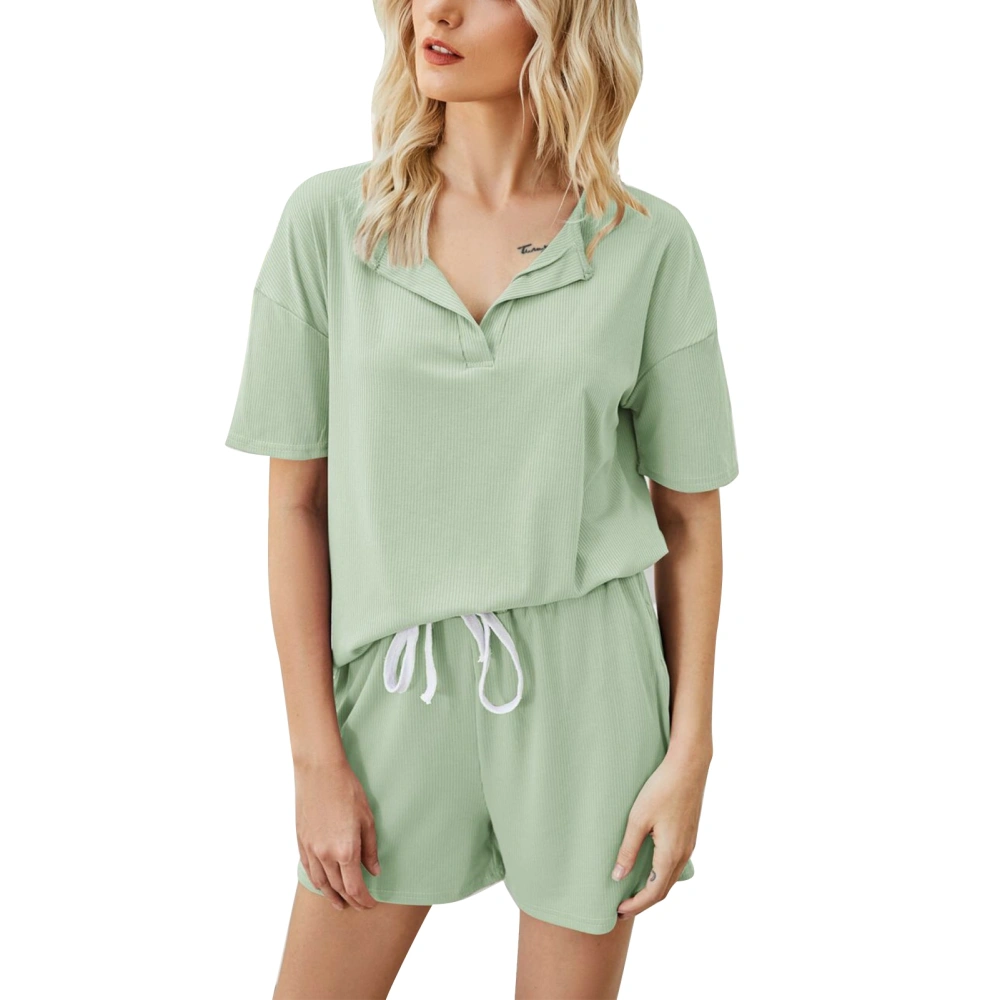 Women Pajamas Set 2 Piece Casual Pure Color Short Sleeve Tops Drawstring Shorts Sleepwear Loungewear Green M