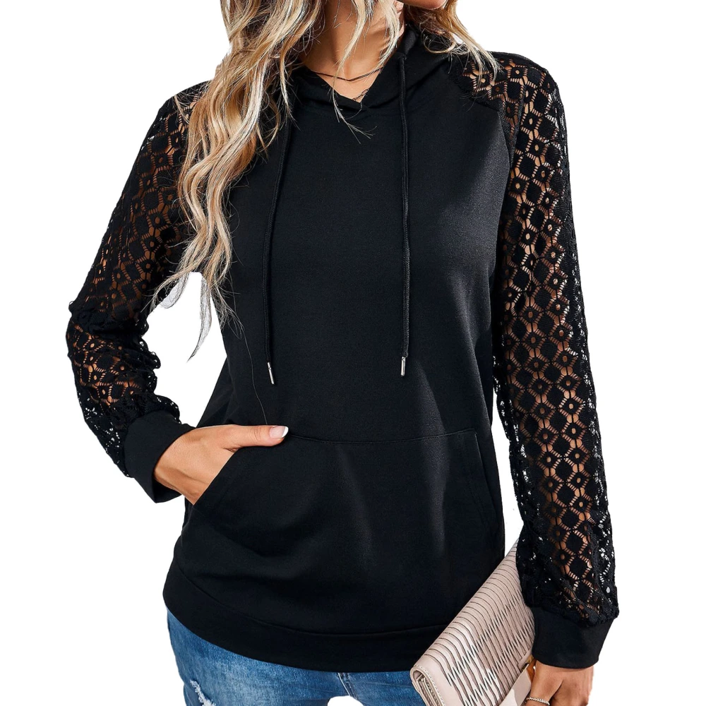 Women Casual Hoodies Pullover Tops Lace Crochet Long Sleeve Drawstring Sweatshirts with Pocket for Autumn Winter Black S