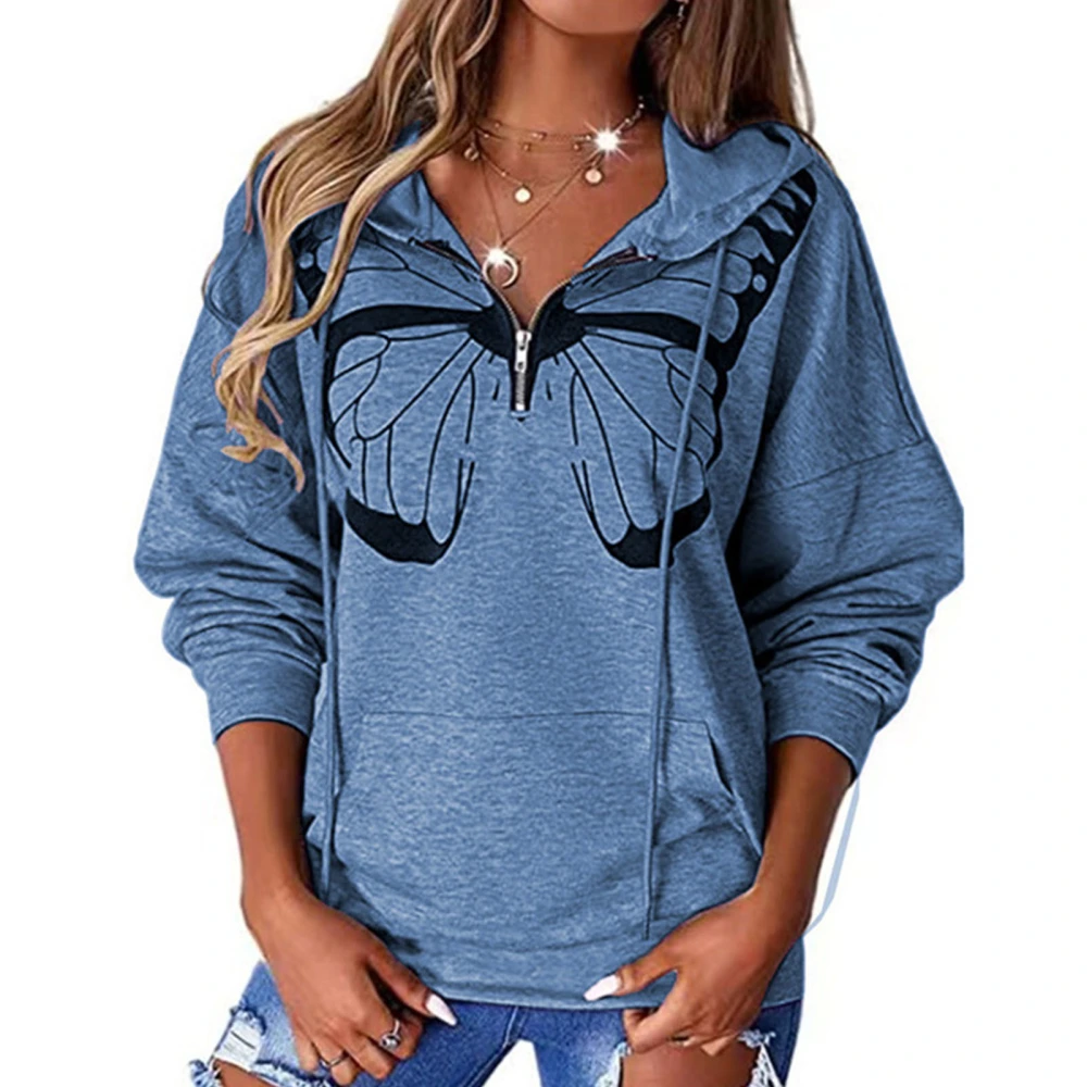 Women Long Sleeve Sweatshirt Half Zip Butterfly Print with Large Pocket Loose Casual Pullover Top Blue XL