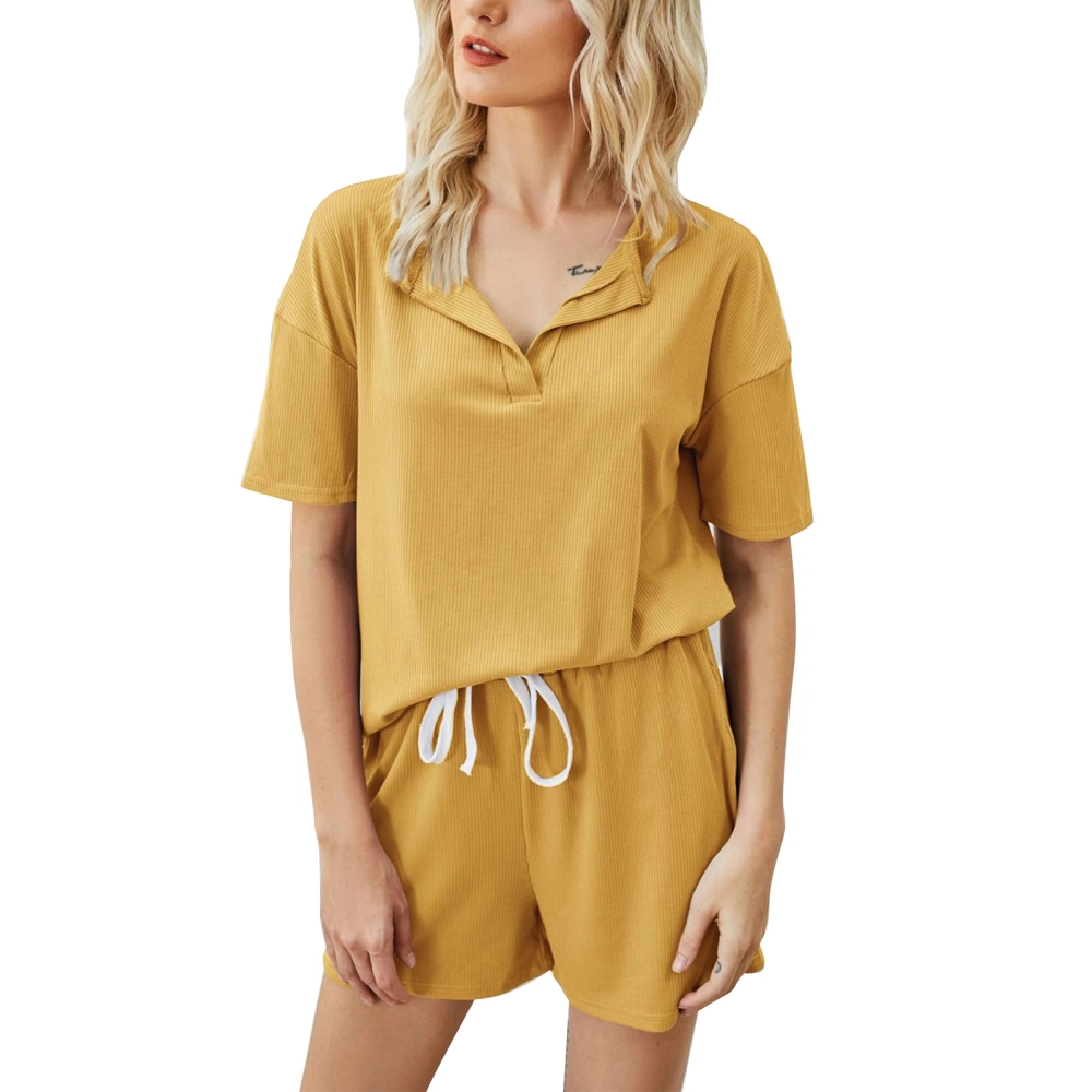 Women Pajamas Set 2 Piece Casual Pure Color Short Sleeve Tops Drawstring Shorts Sleepwear Loungewear Yellow L