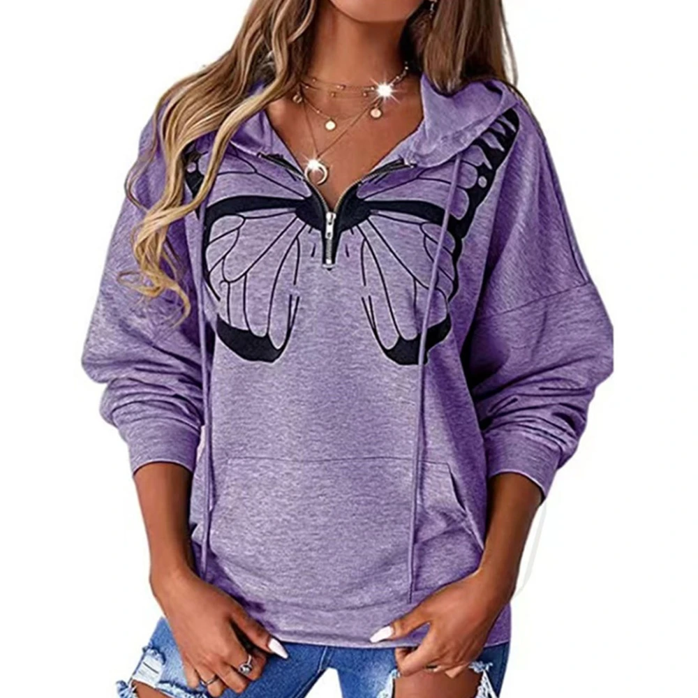 Women Long Sleeve Sweatshirt Half Zip Butterfly Print with Large Pocket Loose Casual Pullover Top Purple S