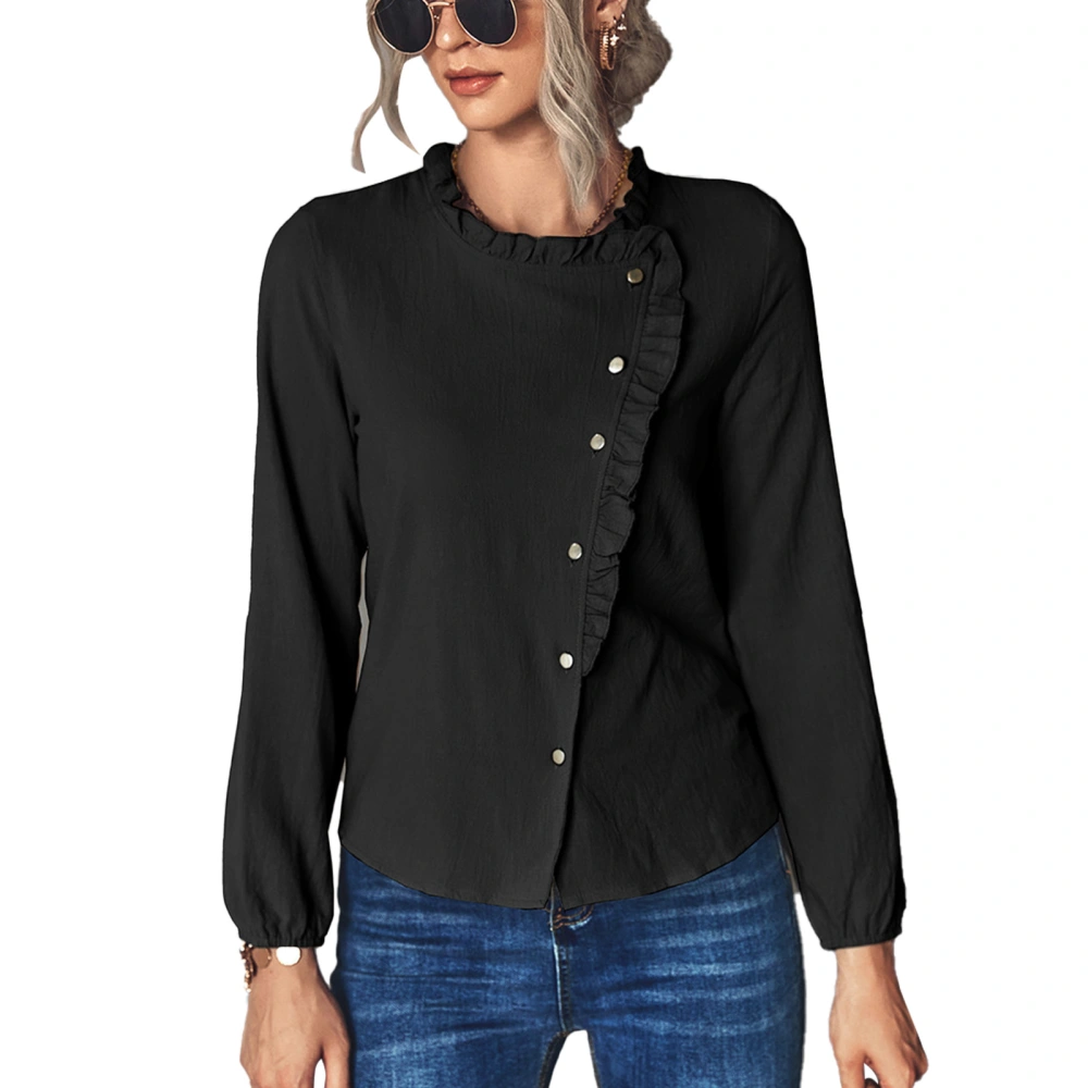 Crewnwck Long Sleeve Top Ruffle Asymmetrical Wrap Button Up Tight Cuff Slim Fit Blouse Black L