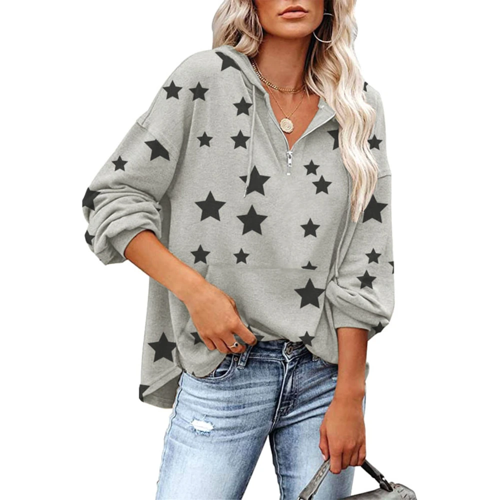 Woman Printed Drawstring Pullover Drop Shoulder Long Sleeve Pocket Zip Casual Sweatshirts Grey XL