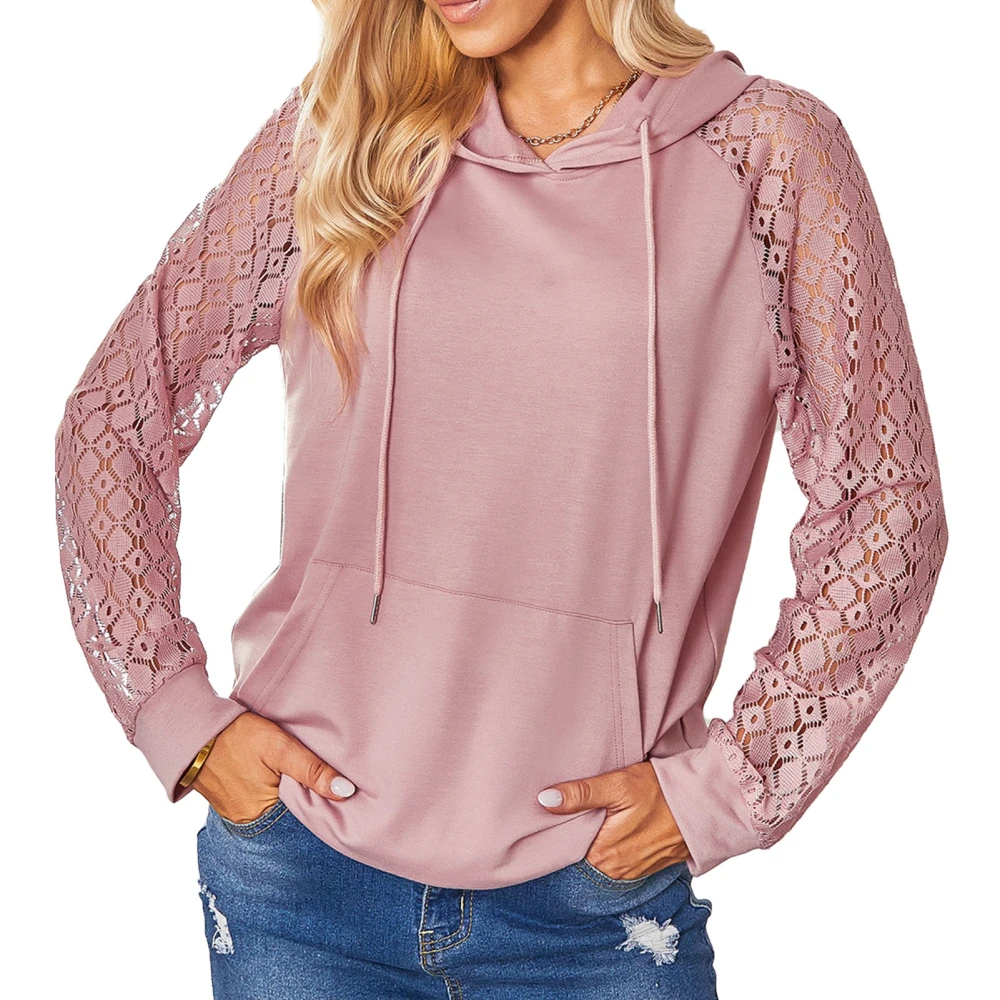 Women Casual Hoodies Pullover Tops Lace Crochet Long Sleeve Drawstring Sweatshirts with Pocket for Autumn Winter Pink S