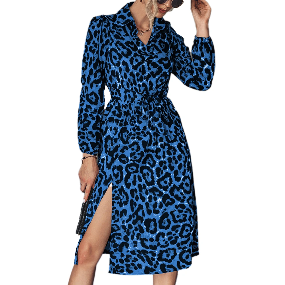 Dress Leopard Print Long Sleeve Side Split Lapel Waist Tie Fashionable Dress for Women Blue L