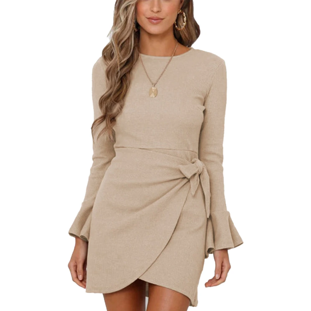 Flared Long Sleeve Bow Belted Dress Round Neck Slim Fit Bodycon Waffle Knit High Waist Midi Dress for Party Khaki L