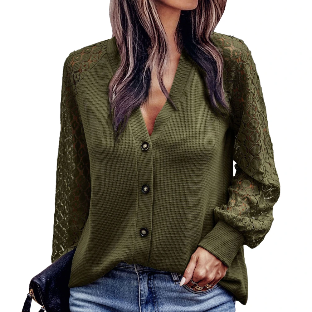 Women Blouse Pure Color V Neck Casual Comfortable Breathable Single Breasted Fashion Shirt for Travel OD Green L