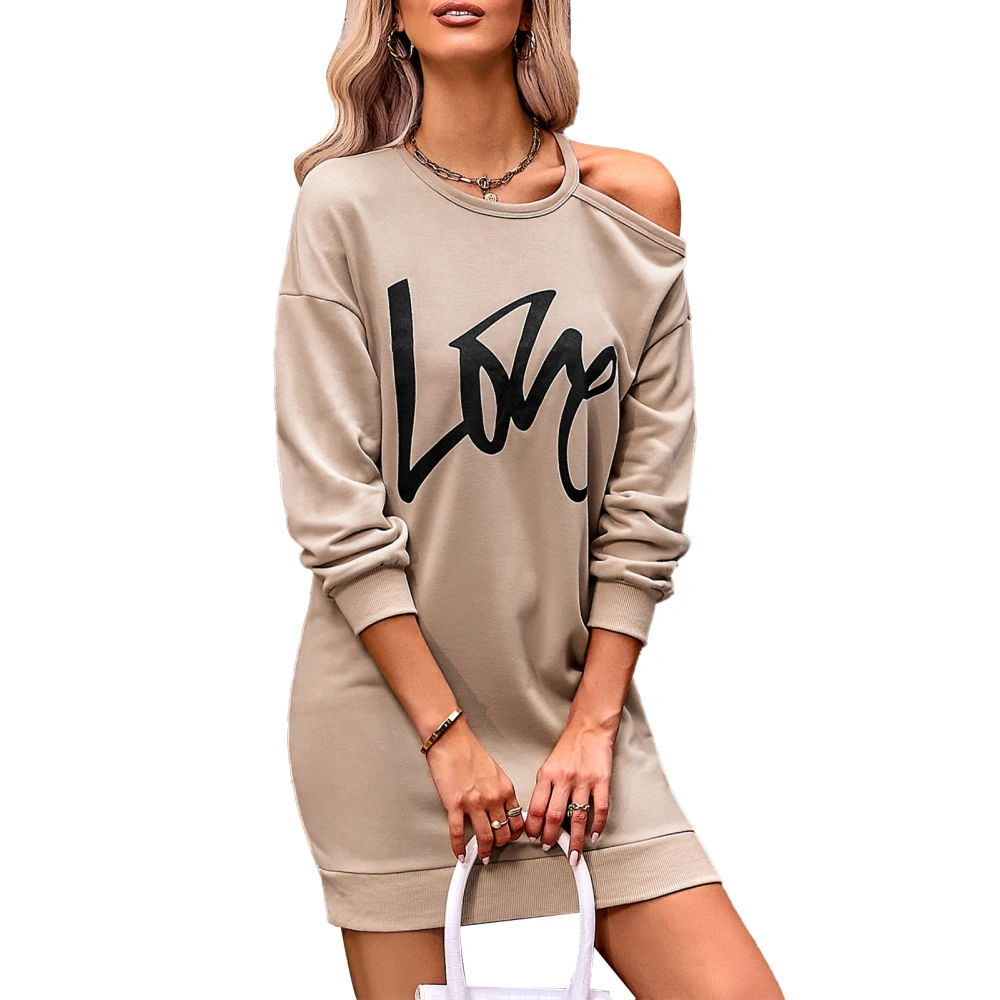 Off Shoulder Sweatshirt Dress Long Sleeve Round Neck Casual Loose Mini Sweater Dress for Women Deep Apricot M