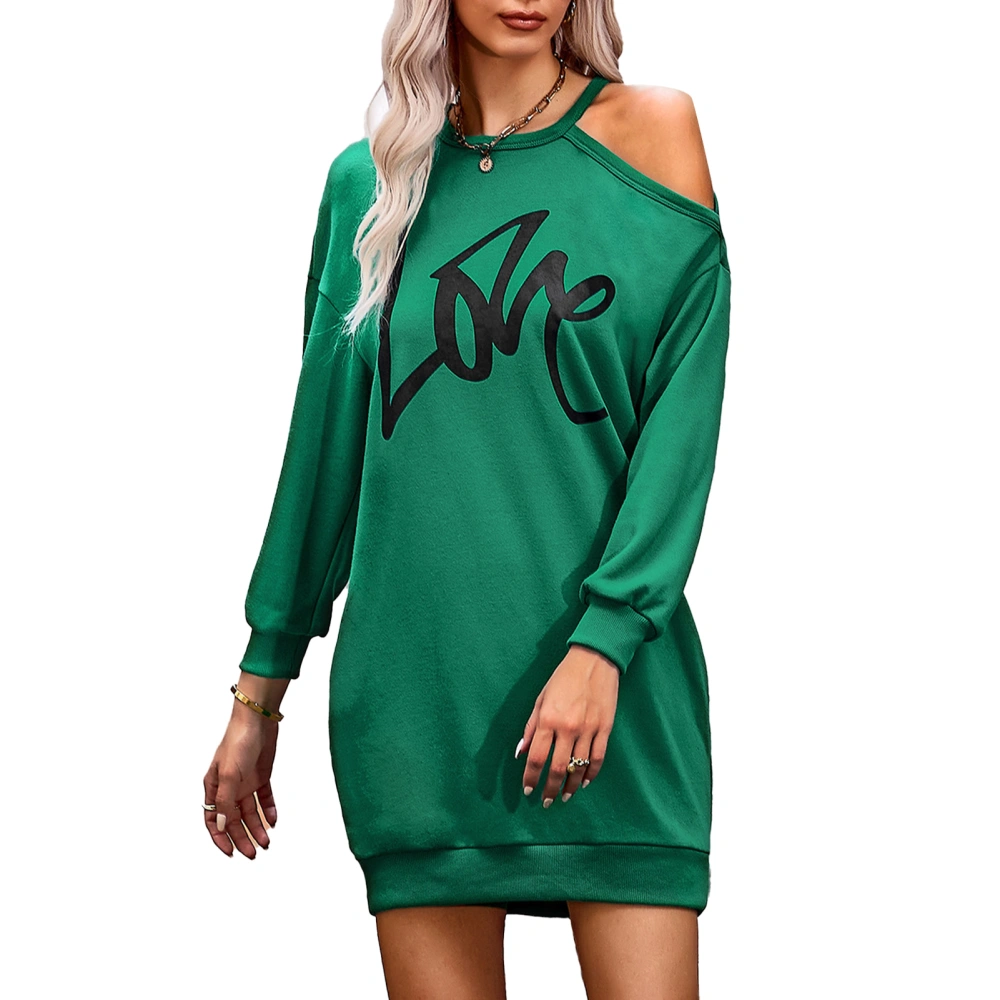 Off Shoulder Sweatshirt Dress Long Sleeve Round Neck Casual Loose Mini Sweater Dress for Women Green L