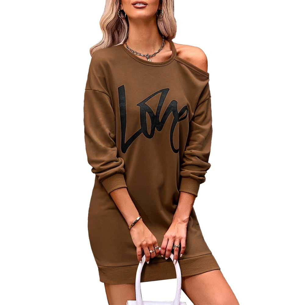 Off Shoulder Sweatshirt Dress Long Sleeve Round Neck Casual Loose Mini Sweater Dress for Women Caramel Colour L