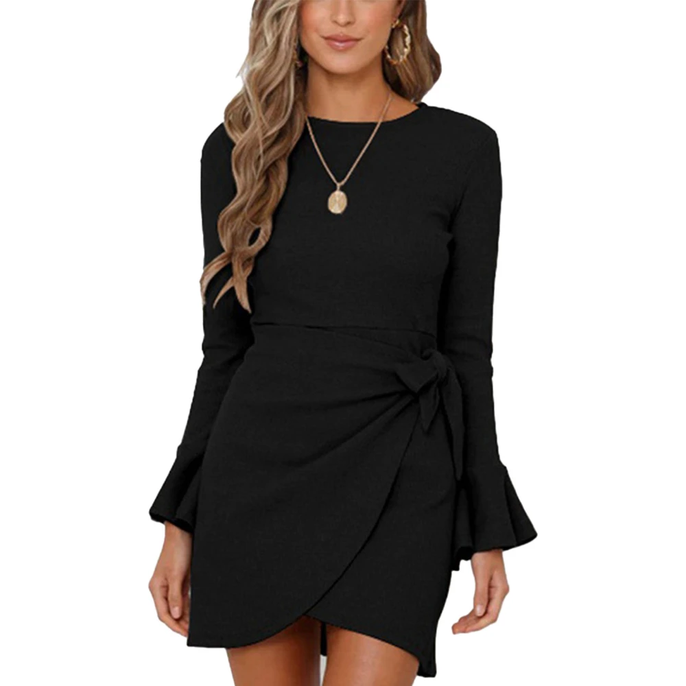 Flared Long Sleeve Bow Belted Dress Round Neck Slim Fit Bodycon Waffle Knit High Waist Midi Dress for Party Black XL