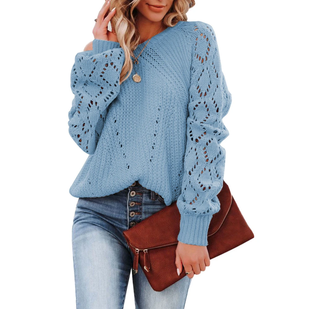 Women Crewneck Hollow Knit Sweater Stylish Elegant Pure Color Long Puff Sleeve Crochet Pullover Sweater Sky Blue M