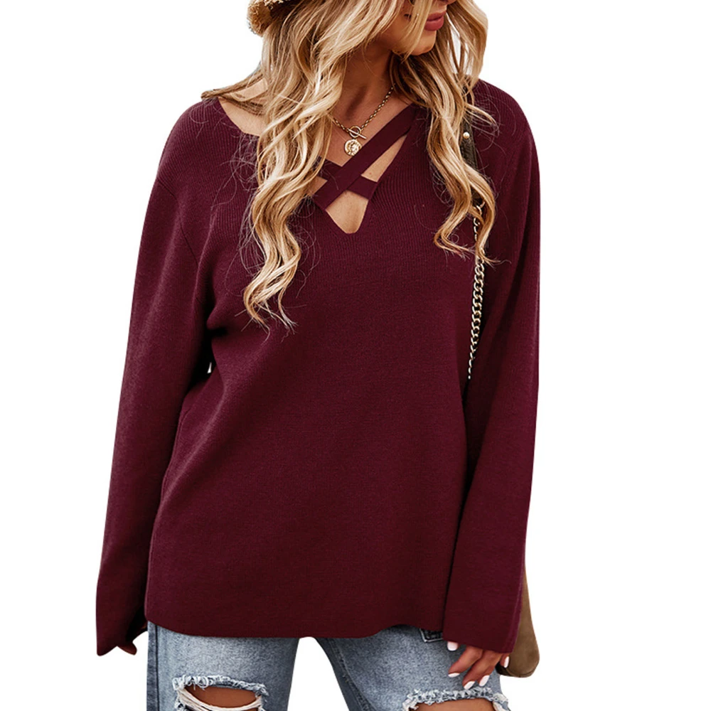 Knit Sweater Crossover V Neck Long Sleeve Pure Color Fashionable Casual Sweater for Women Wine Red XL