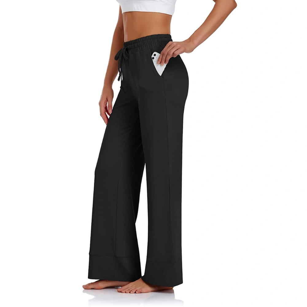 Wide Leg Pants Elastic Drawstring Waist Pockets Loose Casual Pants for Yoga Fitness Exercise Jogging Black M