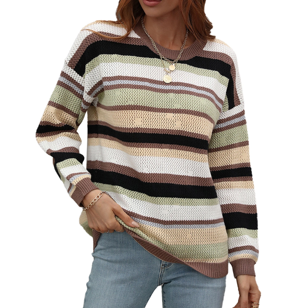 Stripe Knitted Sweater Round Neck Pullover Drop Shoulder Long Sleeve Casual Sweater for Women Coffee XL