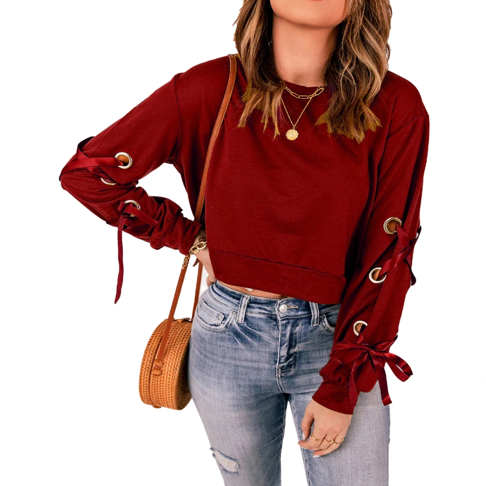 Women Pullover Short Shirt Lace Up Long Sleeves Crewneck Drop Shoulder Loose Fall Tunic for Autumn Spring Wine Red M