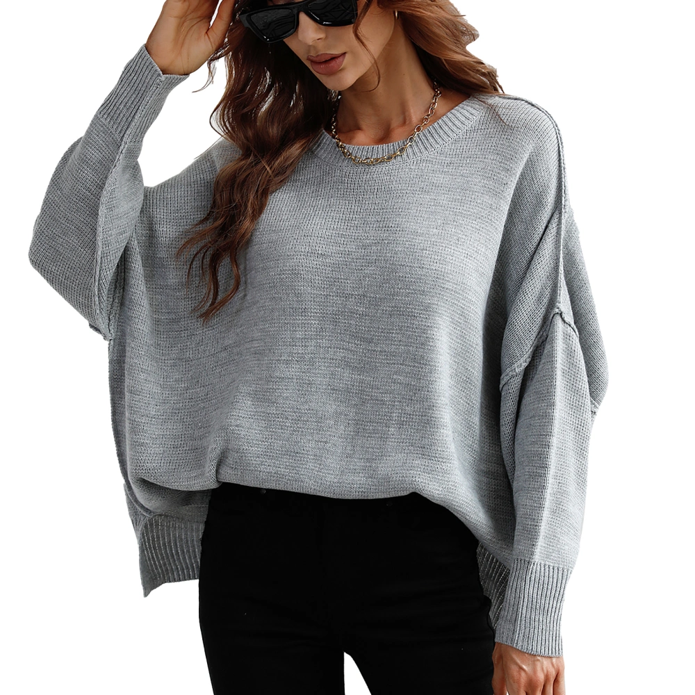 Crewneck Long Sleeve Knit Pullover Top Women Fashionable Loose Pure Color Split Hem Sweater for Dating Light Grey M