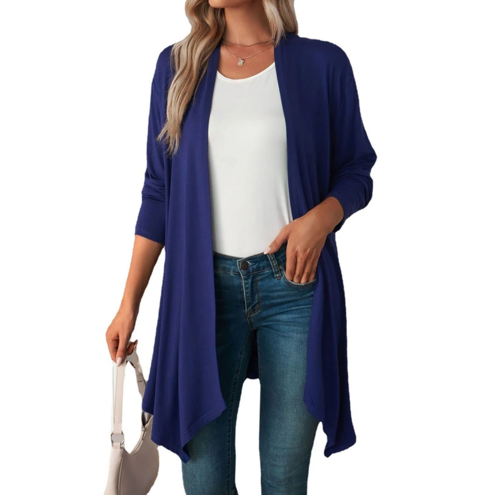 Women Long Cardigan Mid Length Long Sleeve Pure Color Loose Open Front Cardigan for Lady Navy Blue L