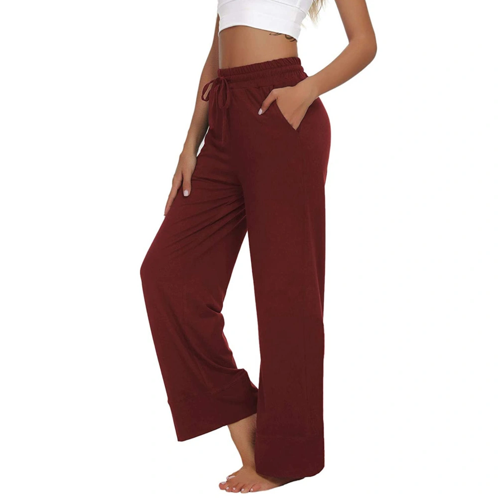 Wide Leg Pants Elastic Drawstring Waist Pockets Loose Casual Pants for Yoga Fitness Exercise Jogging Wine Red M