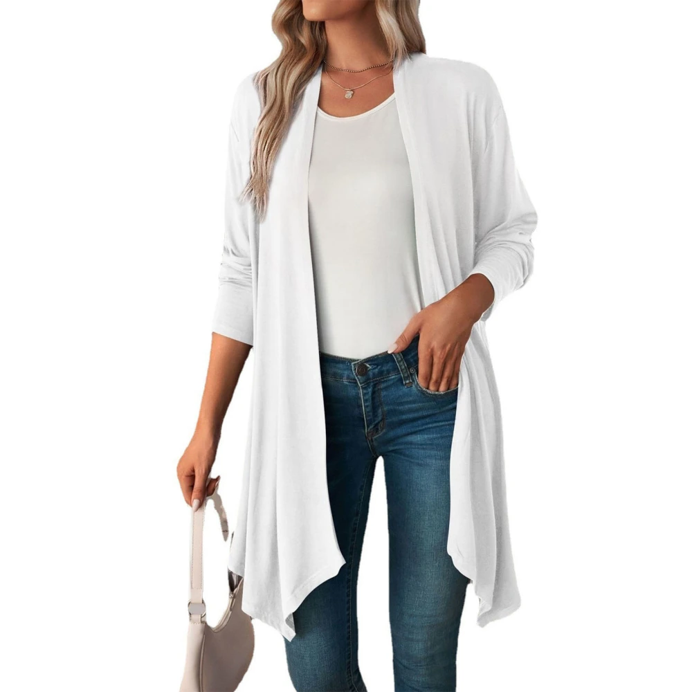 Women Long Cardigan Mid Length Long Sleeve Pure Color Loose Open Front Cardigan for Lady White XL