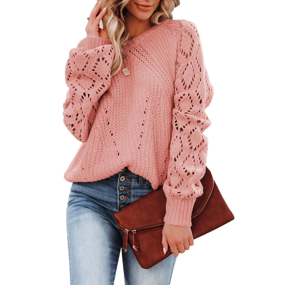 Women Crewneck Hollow Knit Sweater Stylish Elegant Pure Color Long Puff Sleeve Crochet Pullover Sweater Pink L