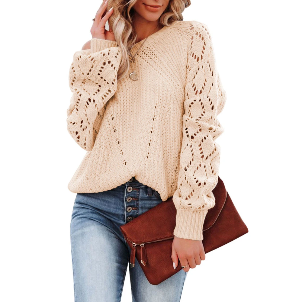 Women Crewneck Hollow Knit Sweater Stylish Elegant Pure Color Long Puff Sleeve Crochet Pullover Sweater Apricot S