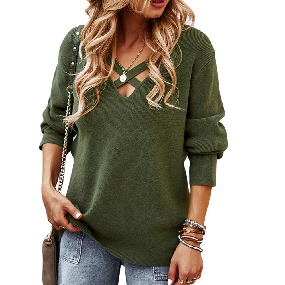 Knit Sweater Crossover V Neck Long Sleeve Pure Color Fashionable Casual Sweater for Women Army Green S