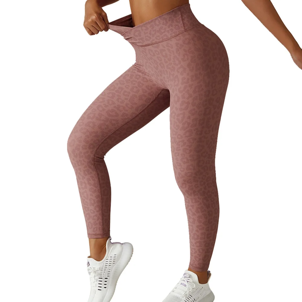 Yoga Pants High Waist Tight Tummy Control Hip Lift Elastic Leggings Pants for Running Dancing Leopard Pink L