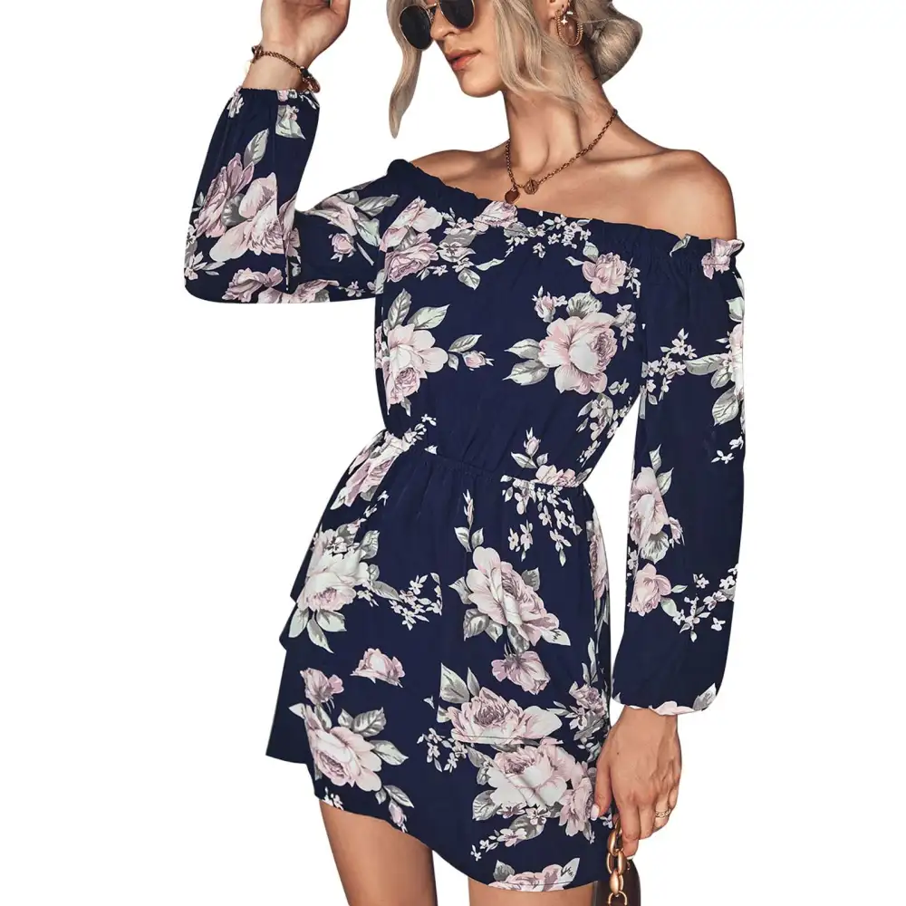 Dress Off Shoulder Floral Print High Waist Puff Long Sleeve Fashionable Dress for Women Purplish Blue XL