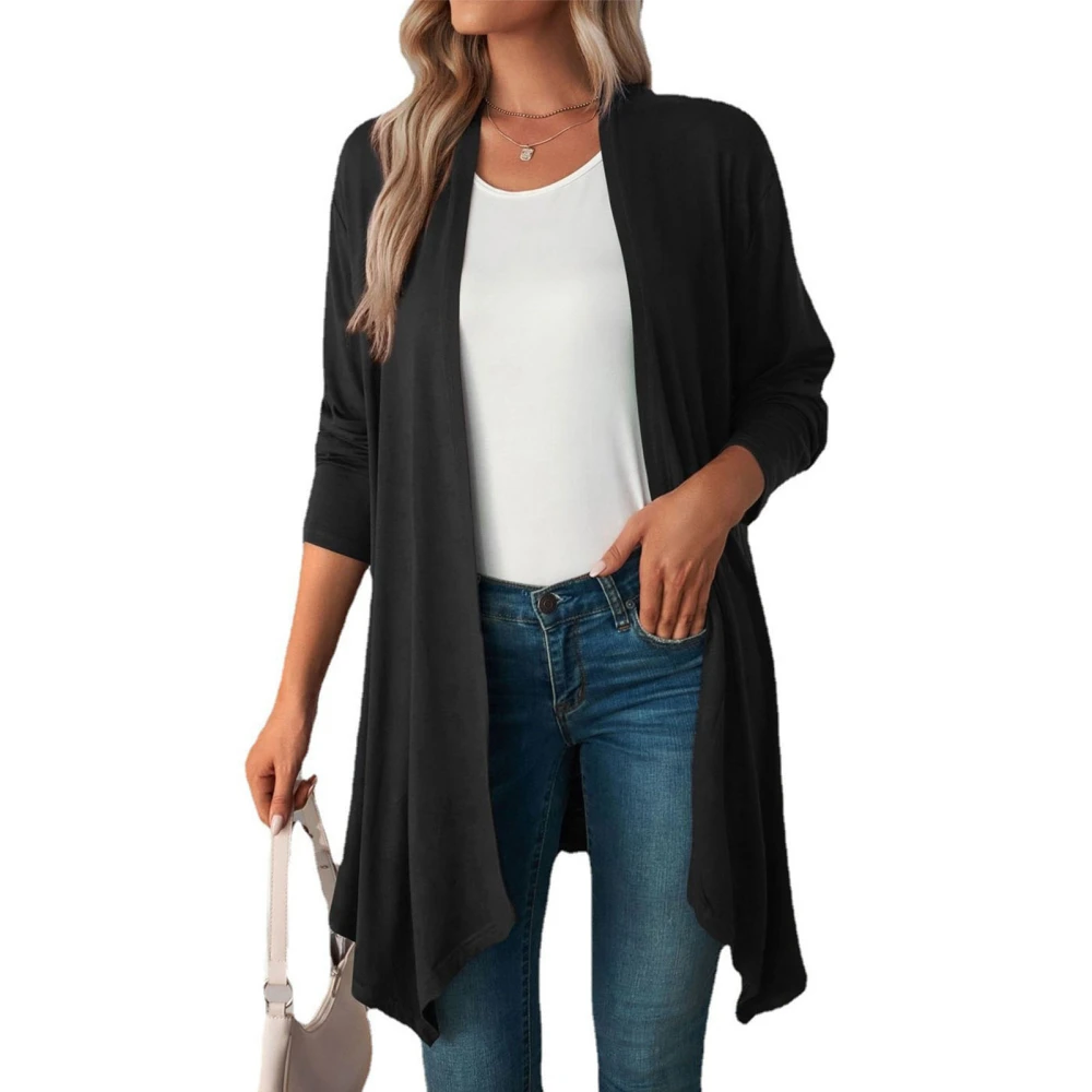 Women Long Cardigan Mid Length Long Sleeve Pure Color Loose Open Front Cardigan for Lady Black M