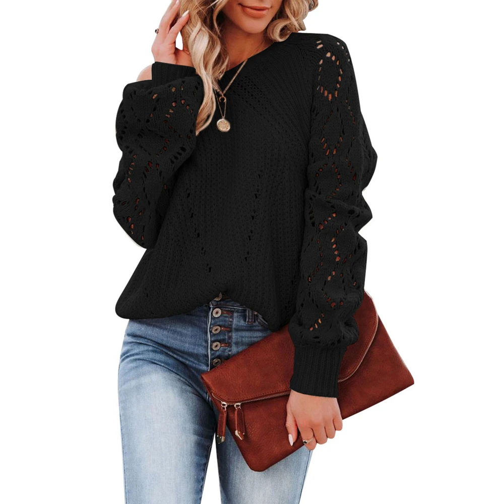 Women Crewneck Hollow Knit Sweater Stylish Elegant Pure Color Long Puff Sleeve Crochet Pullover Sweater Black L