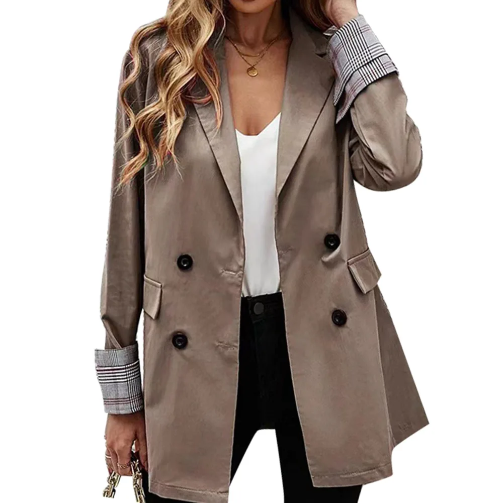 Suit Jacket Lapel Button Pure Color Pocket Plaid Rolled Cuffs Long Sleeve Jacket for Women Khaki S