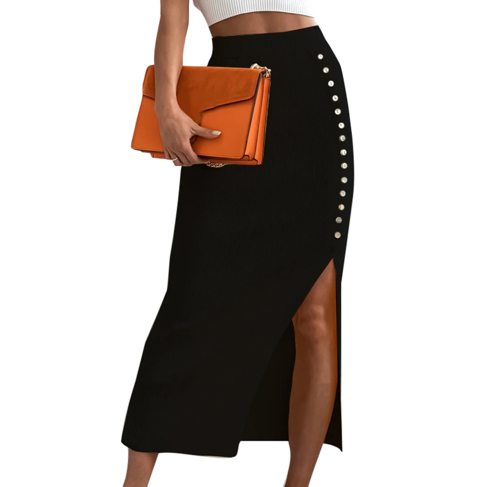 Split Bodycon Midi Skirt High Waist Button Decoration Side Split Elastic Rib Knit Fabric Bodycon Midi Skirt Black XL