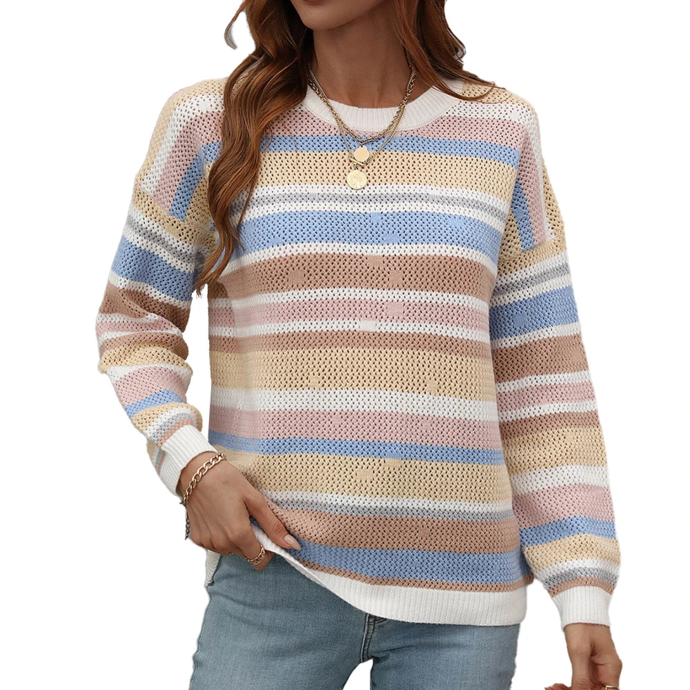 Stripe Knitted Sweater Round Neck Pullover Drop Shoulder Long Sleeve Casual Sweater for Women White M