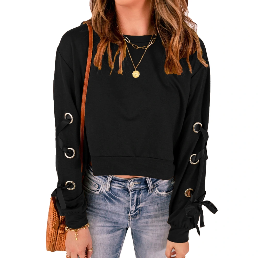 Women Pullover Short Shirt Lace Up Long Sleeves Crewneck Drop Shoulder Loose Fall Tunic for Autumn Spring Black S