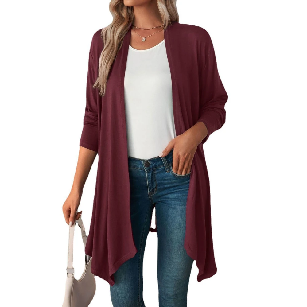 Women Long Cardigan Mid Length Long Sleeve Pure Color Loose Open Front Cardigan for Lady Wine Red L