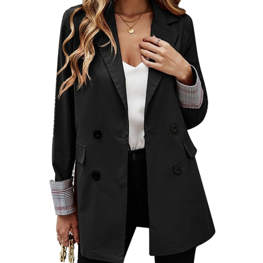 Suit Jacket Lapel Button Pure Color Pocket Plaid Rolled Cuffs Long Sleeve Jacket for Women Black M