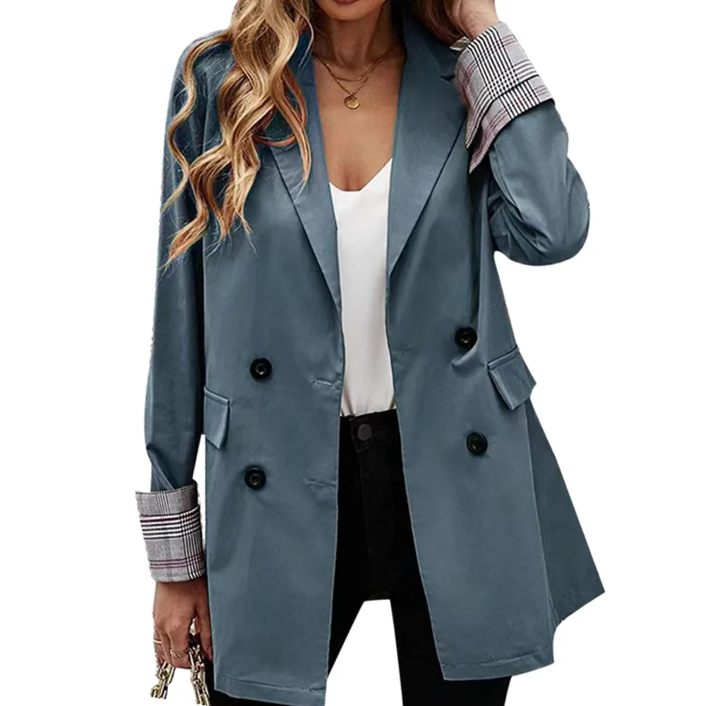 Suit Jacket Lapel Button Pure Color Pocket Plaid Rolled Cuffs Long Sleeve Jacket for Women Peacock Blue L