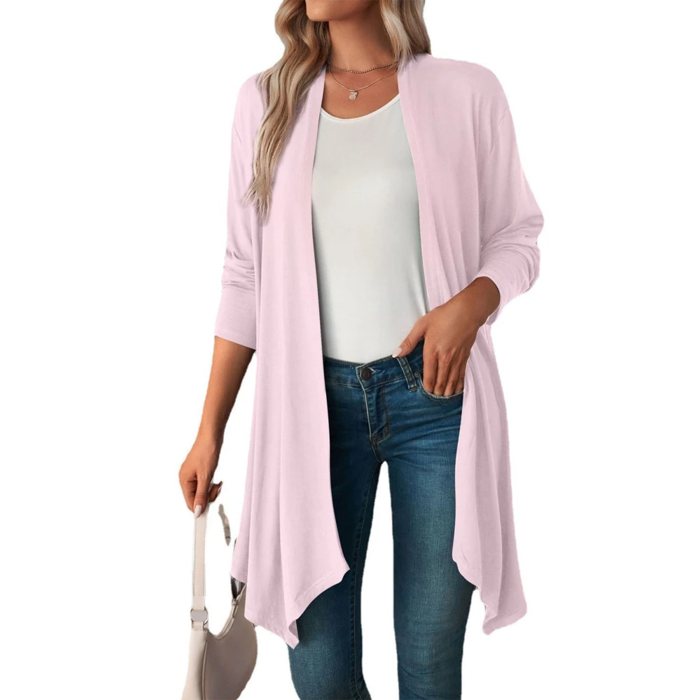 Women Long Cardigan Mid Length Long Sleeve Pure Color Loose Open Front Cardigan for Lady Pink S