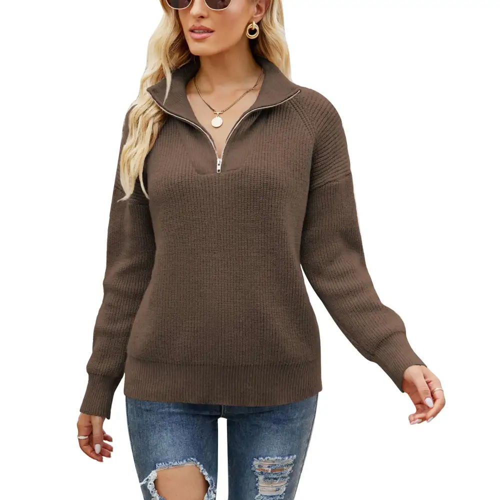 Women Pullover Knitted Sweater Stand Collar Zipper Front Drop Shoulder Long Sleeve Warm for Winter Autumn Coffee M