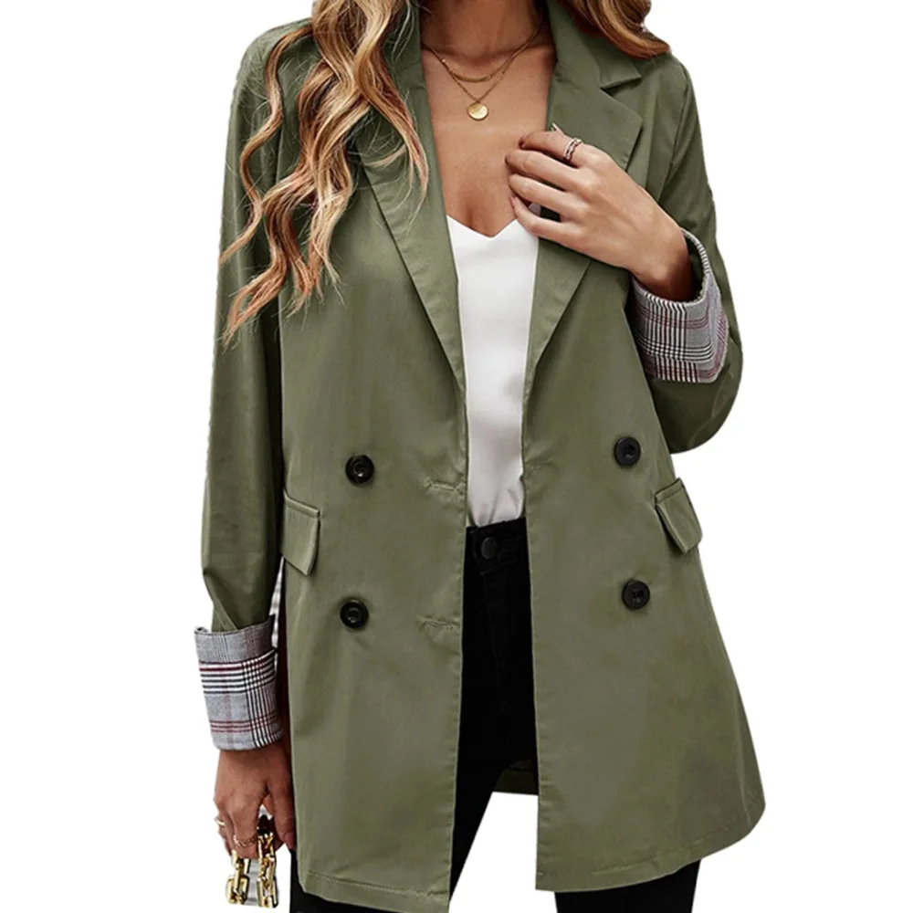 Suit Jacket Lapel Button Pure Color Pocket Plaid Rolled Cuffs Long Sleeve Jacket for Women Army Green L