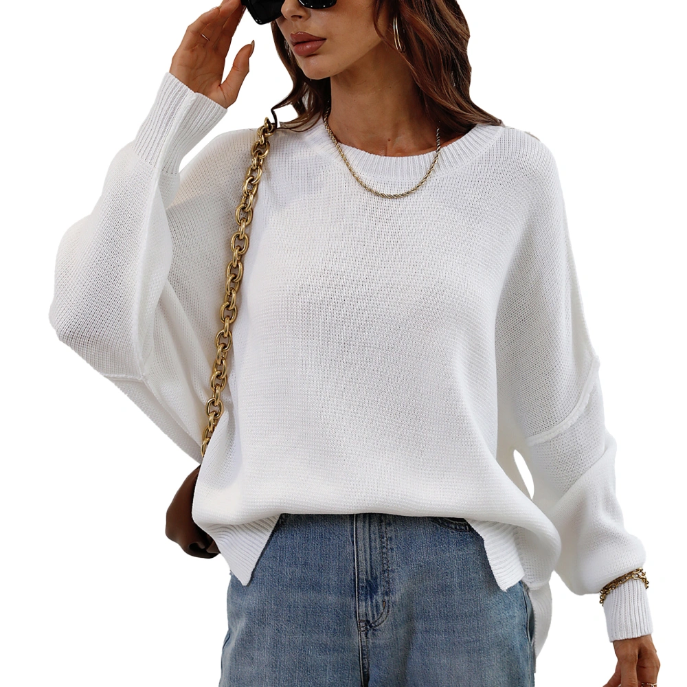 Crewneck Long Sleeve Knit Pullover Top Women Fashionable Loose Pure Color Split Hem Sweater for Dating White L