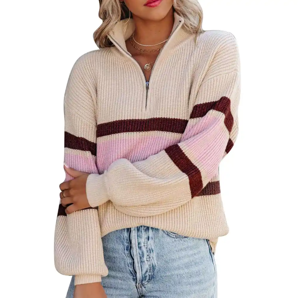 Women Pullover Knitted Sweater Stand Collar Zipper Front Drop Shoulder Long Sleeve Warm for Winter Autumn Apricot XL