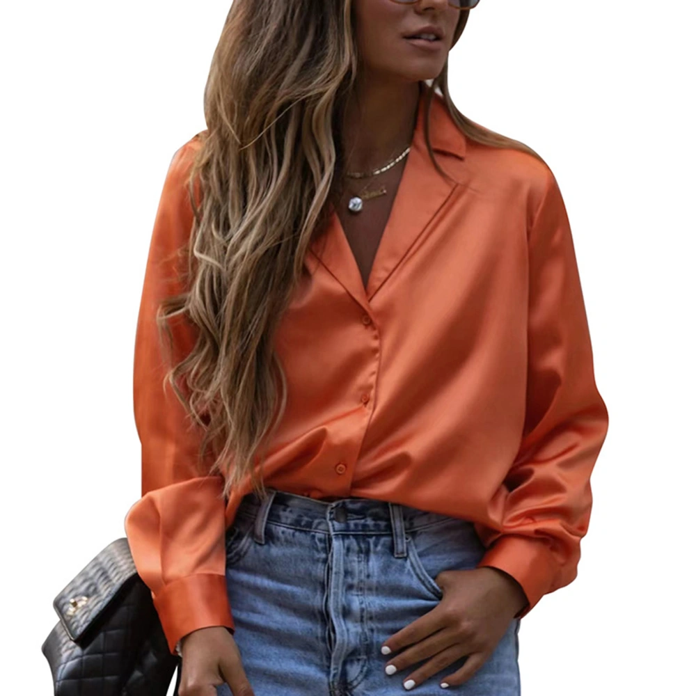 Women Lapel Collar Shirts Pure Color Single Breasted Blouse Long Sleeves Irregular Hem Shirts Orange S